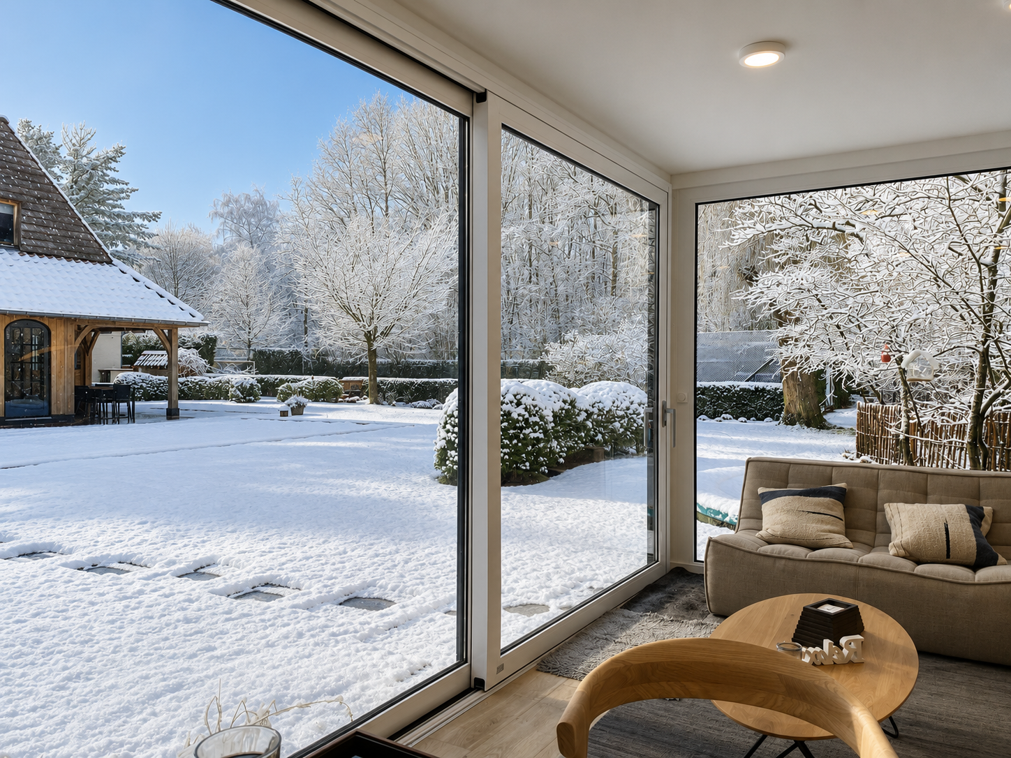 Tuinkantoor in de sneeuw met warm licht vanbinnen