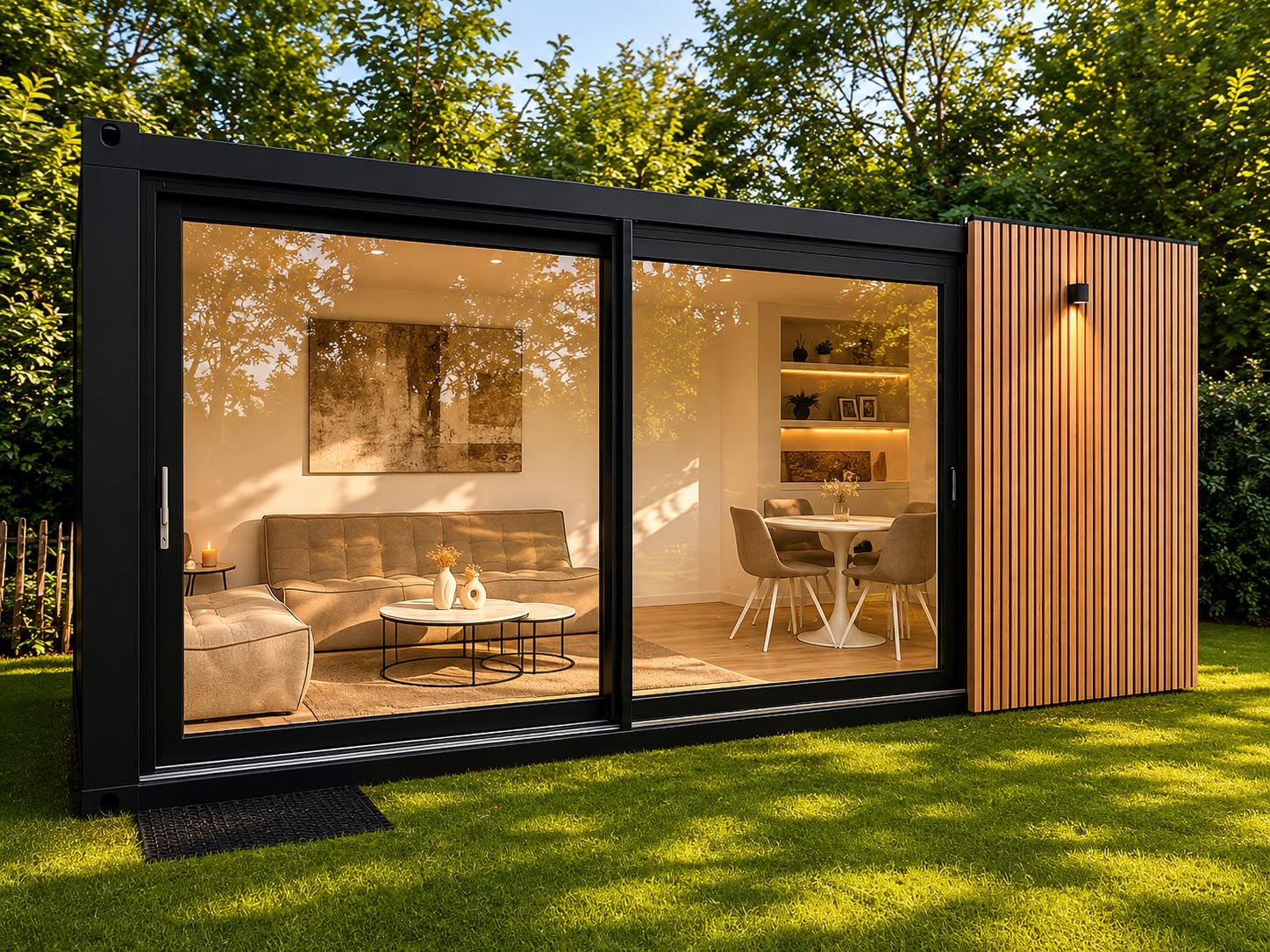 Tuinkantoor interieur met lounge en open schuiframen