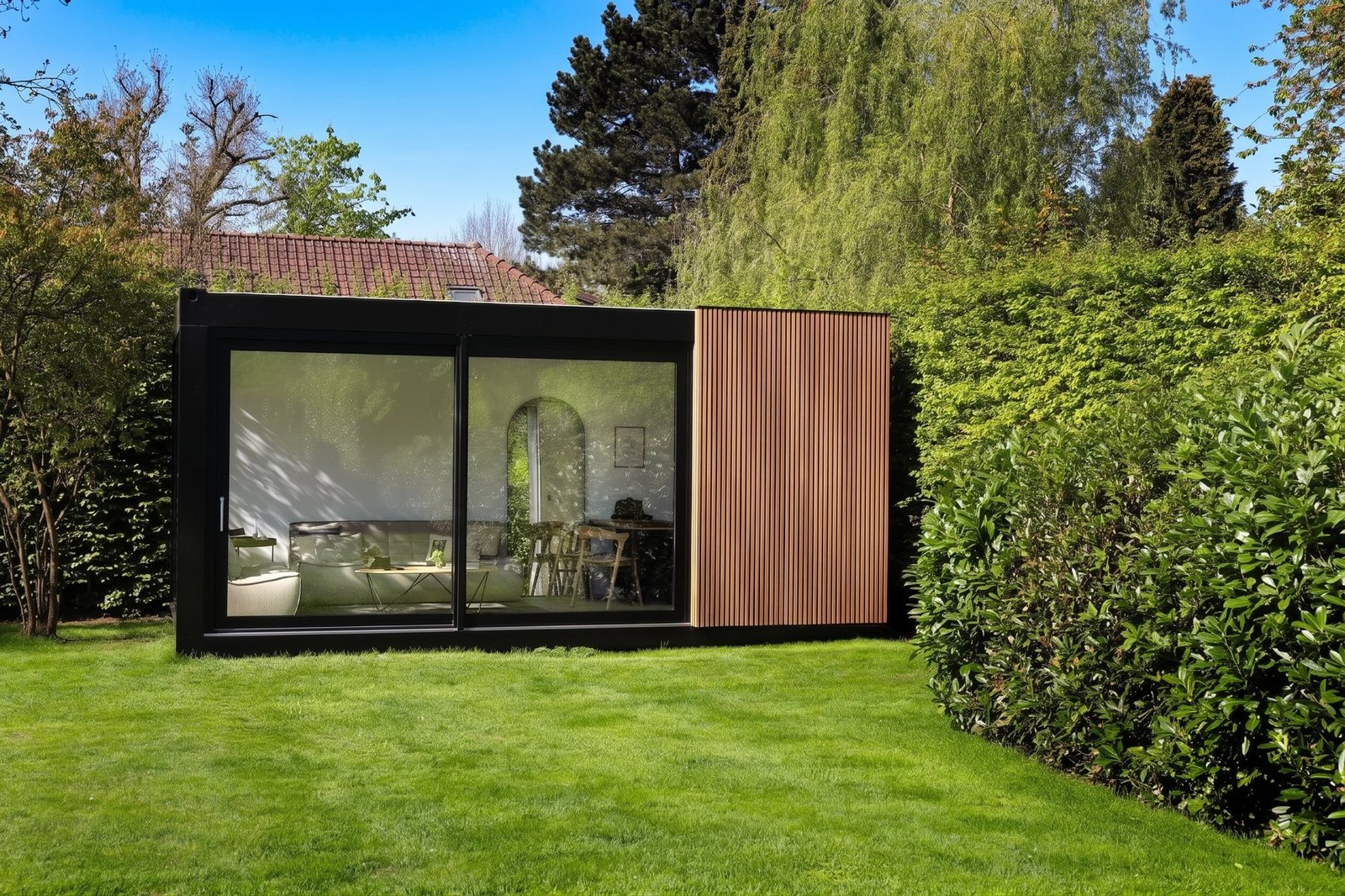 Zwart tuinkantoor met thermowood-gevel in de tuin